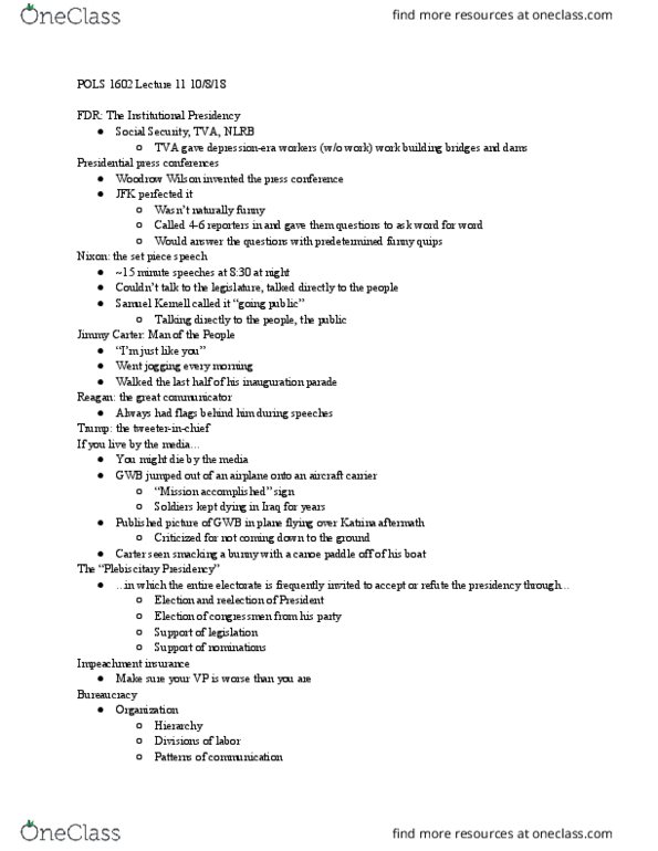 POLS 1602 Lecture Notes - Lecture 11: George W. Bush, National Labor Relations Board, Lists Of Transformers Characters thumbnail