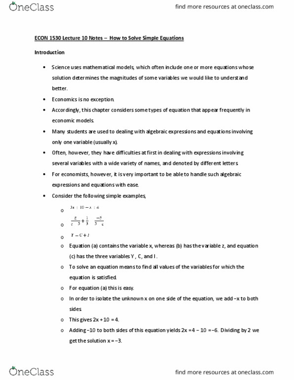 ECON 1530 Lecture Notes - Lecture 10: Algebraic Equation cover image