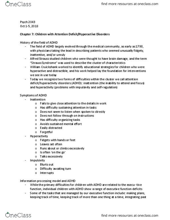 Psychology 2043A/B Chapter Notes - Chapter 7: Attention Deficit Hyperactivity Disorder, Attention, Individualized Education Program thumbnail