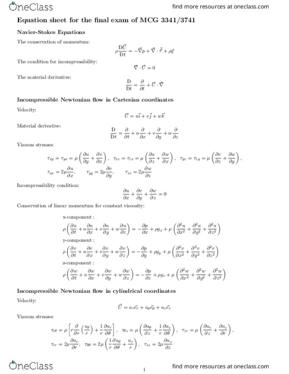 MCG 3341 Lecture Notes - Lecture 14: Momentum, Material Derivative, Cartesian Coordinate System thumbnail