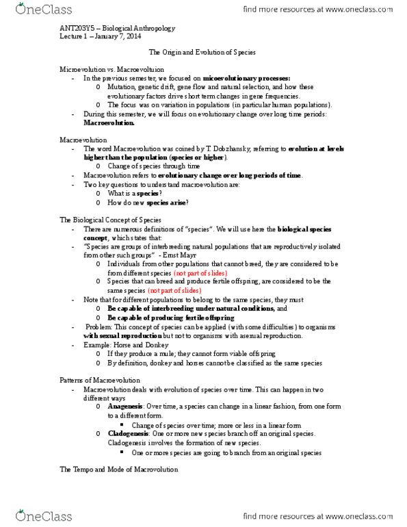 ANT203H5 Lecture Notes - Lecture 18: Genetic Drift, Cladogenesis, Macroevolution thumbnail