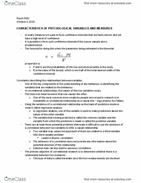 Psychology 2820E Lecture Notes - Lecture 4: Illusory Correlation, Confidence Interval, Regression Analysis thumbnail