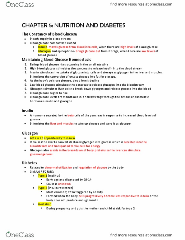 ESS 3 Lecture Notes - Lecture 4: Blood Sugar, Insulin Resistance, Glucagon thumbnail