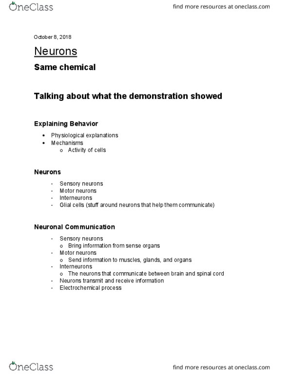 01:830:101 Lecture Notes - Lecture 10: Reward System, Dendrite, Resting Potential cover image
