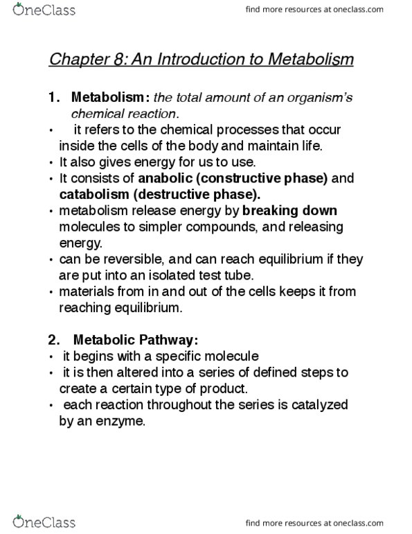 CHEM101 Chapter Notes - Chapter 8: Catabolism, Photosynthesis, Nitrogenous Base thumbnail