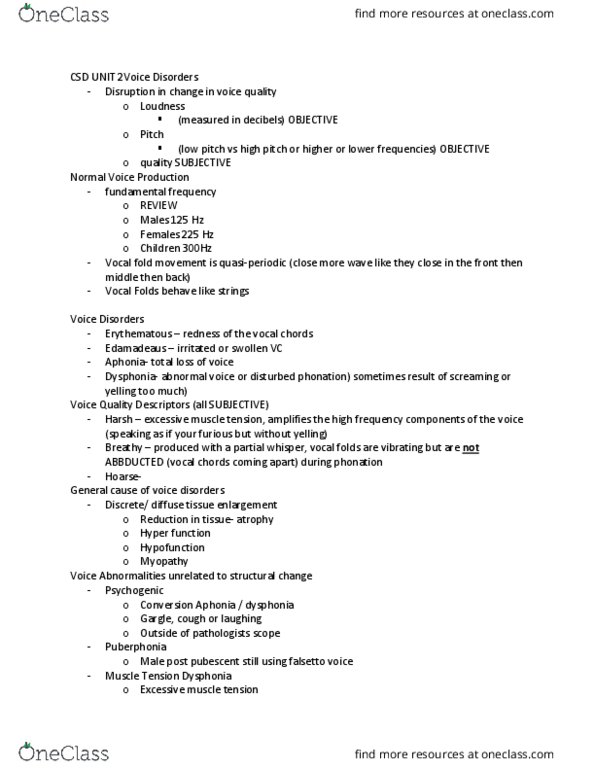 CSD 212 Lecture Notes - Lecture 3: Murmured Voice, Dysphonia, List Of Voice Disorders thumbnail