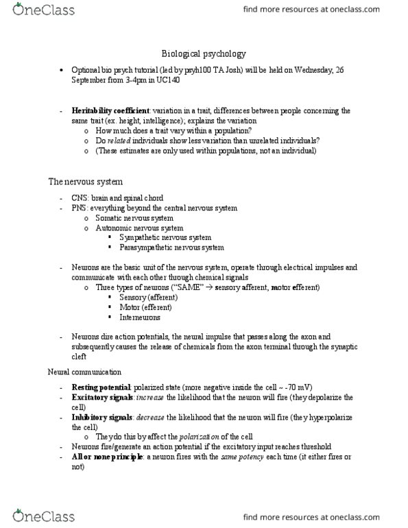 PSY100H1 Lecture Notes - Lecture 5: Parasympathetic Nervous System, Sympathetic Nervous System, Somatic Nervous System thumbnail