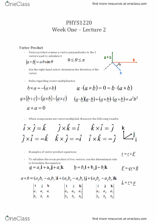 PHYS1220 Lecture Notes - Lecture 2: Cross Product, Product Rule, Faraday Cage thumbnail