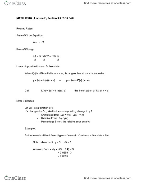 MATH 1131Q Lecture Notes - Lecture 7: Approximation Error cover image