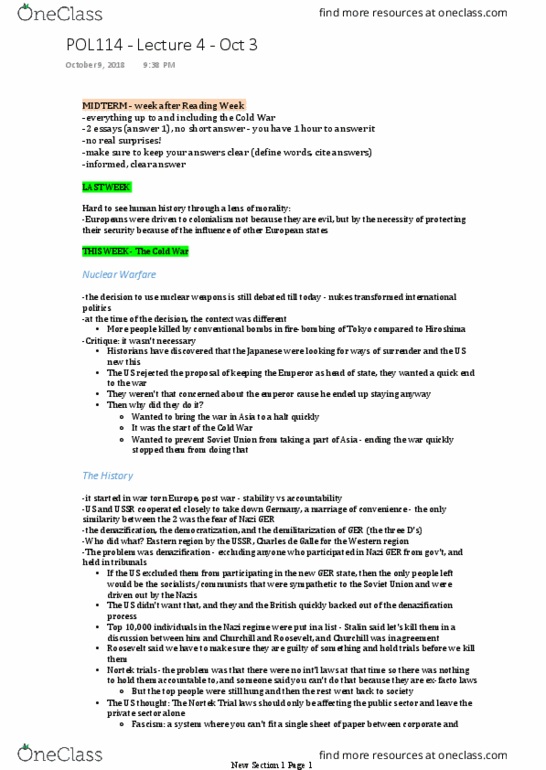 POL114H5 Lecture Notes - Lecture 4: Denazification, Nuclear Meltdown, Mikhail Gorbachev thumbnail