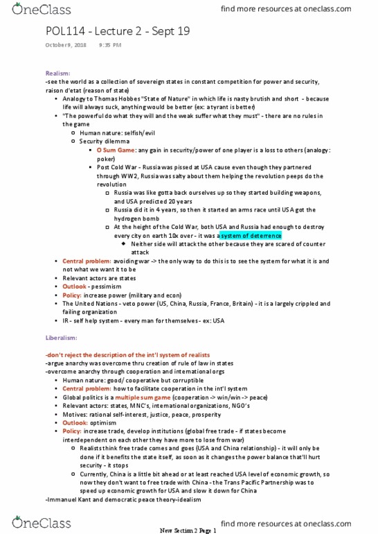 POL114H5 Lecture Notes - Lecture 2: Trans-Pacific Partnership, Immanuel Kant, Security Dilemma thumbnail