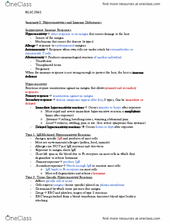 HLSC 2462U Lecture Notes - Lecture 6: Type Iv Hypersensitivity, Mast Cell, Blood Transfusion thumbnail