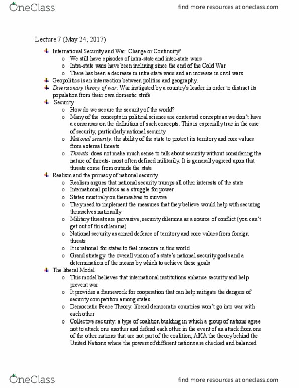 PSCI 2601 Lecture Notes - Lecture 7: Democratic Peace Theory, Security Dilemma, Societal Security thumbnail