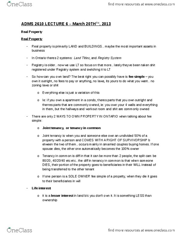 ADMS 2610 Lecture Notes - Concurrent Estate, Fee Simple, Life Interest thumbnail