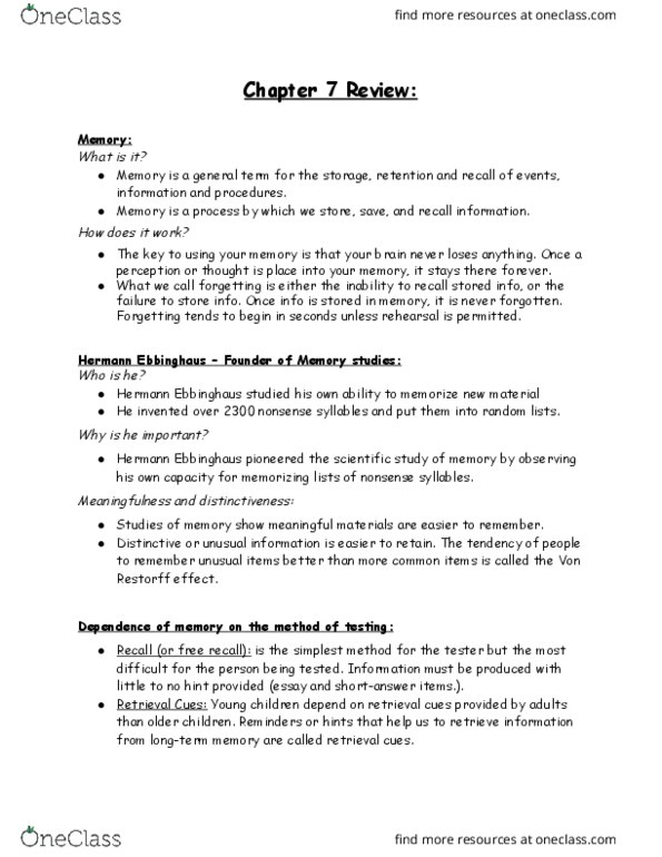 01:830:101 Lecture Notes - Lecture 11: Hermann Ebbinghaus, Free Recall, Procedural Memory thumbnail