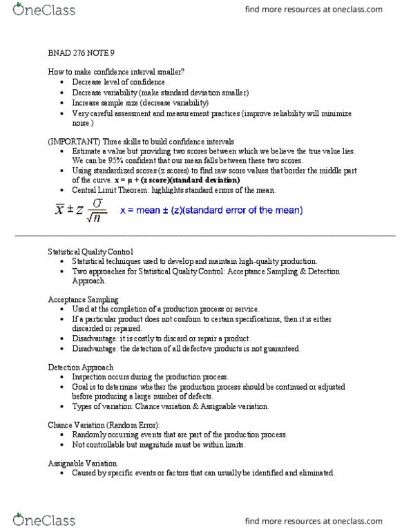 BNAD 276 Lecture Notes - Lecture 9: Statistical Process Control, Central Limit Theorem, Confidence Interval thumbnail