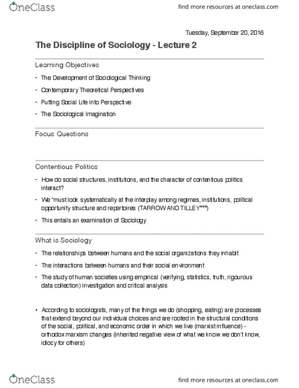 SOC 1105 Lecture Notes - Lecture 1: The Sociological Imagination, Auguste Comte, Harriet Martineau thumbnail