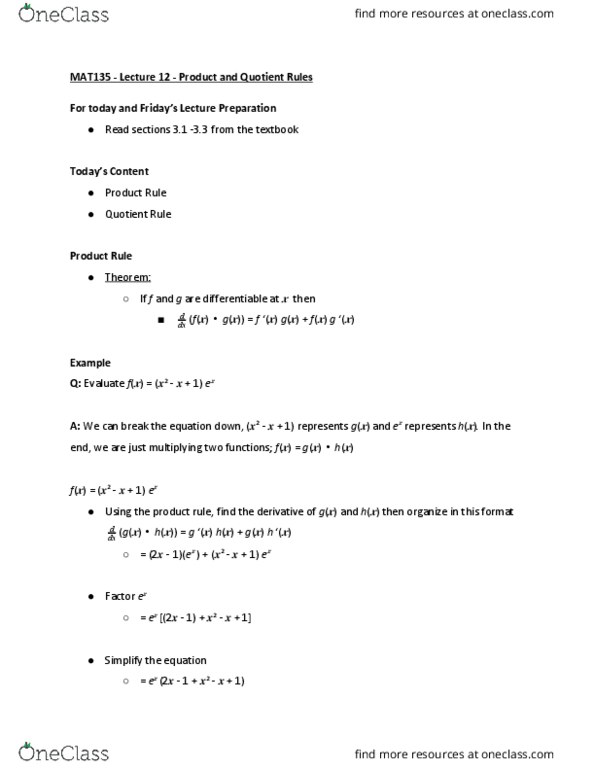 MAT135H1 Lecture Notes - Lecture 12: Quotient Rule, Product Rule thumbnail