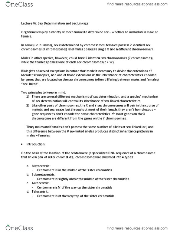 BIOL 2030 Lecture Notes - Lecture 6: Sex-Determination System, Sister Chromatids, Y Chromosome thumbnail