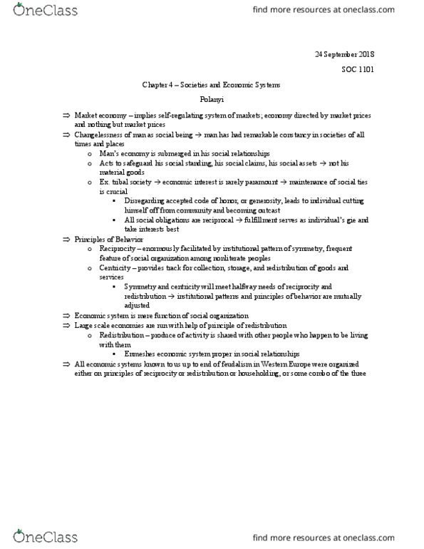 SOC 1101 Chapter Notes - Chapter 4 Polanyi: Economic System, Gie, Market Economy thumbnail
