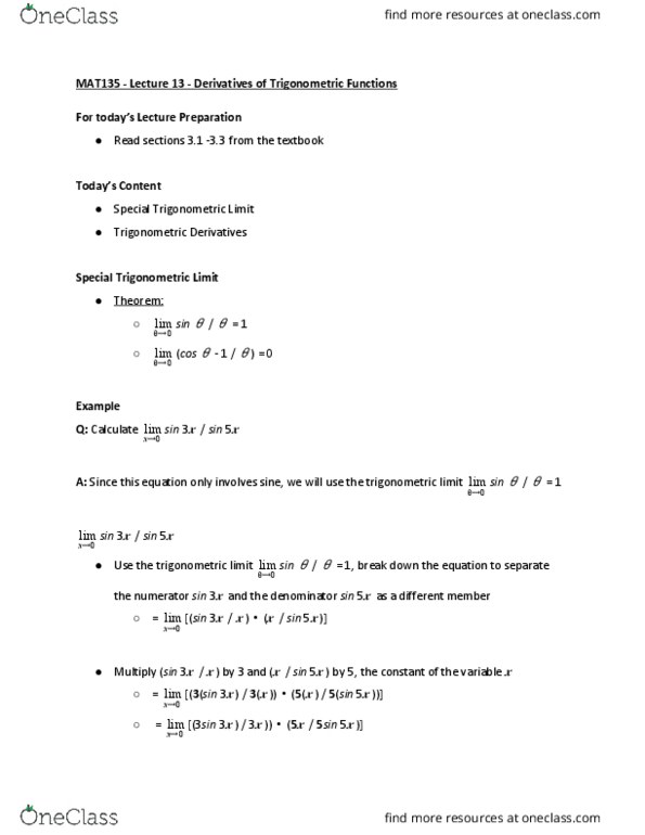 MAT135H1 Lecture Notes - Lecture 13: Quotient Rule, List Of Trigonometric Identities cover image