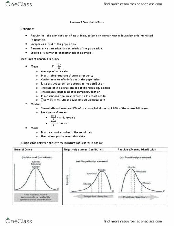 PSY 203 Lecture Notes - Lecture 2: Level Of Measurement, Central Tendency, Normal Distribution thumbnail