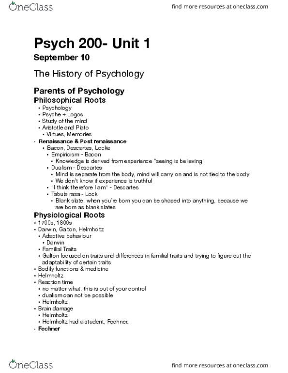 PSYC 200 Lecture Notes - Lecture 1: Tabula Rasa, Mental Chronometry, Brain Damage thumbnail