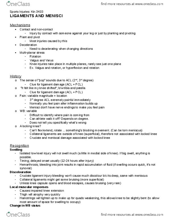 KINESIOL 3K03 Lecture Notes - Cruciate Ligament, Medial Meniscus, Biceps Femoris Muscle thumbnail