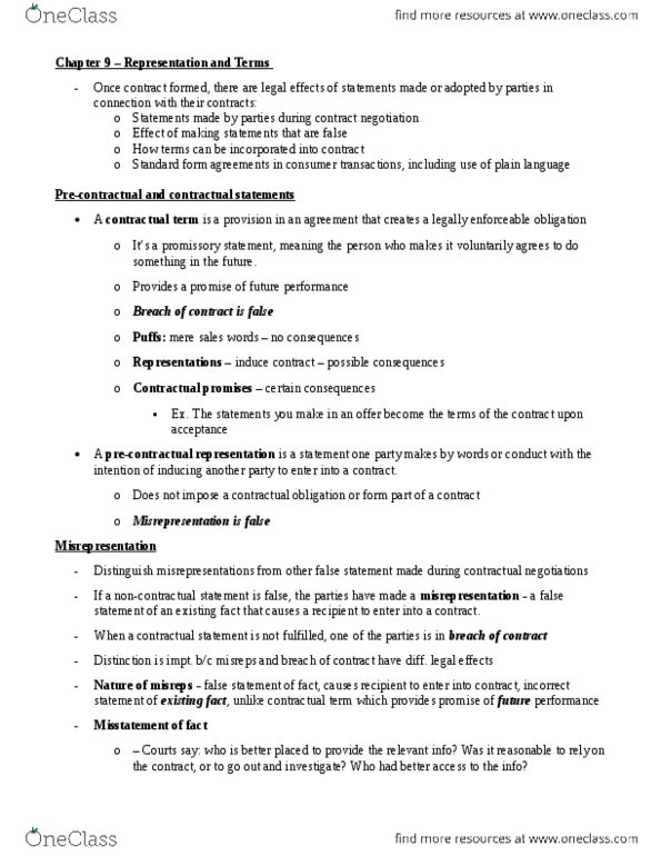 LAW 122 Chapter Notes - Chapter 9: Uberrima Fides, Standard Form Contract, Rescission thumbnail