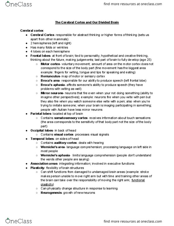 01:830:101 Lecture Notes - Lecture 5: Cerebral Cortex, Frontal Lobe, Mirror Neuron thumbnail