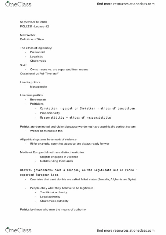 POLI 231 Lecture Notes - Lecture 2: Charismatic Authority, Christian Ethics, Traditional Authority thumbnail