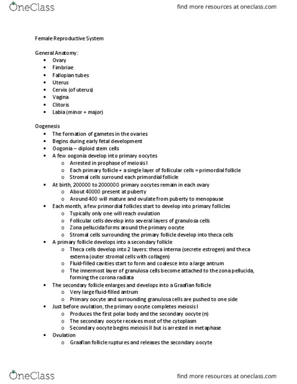 BIO 252 Lecture Notes - Lecture 2: Zona Pellucida, Folliculogenesis, Theca Interna thumbnail