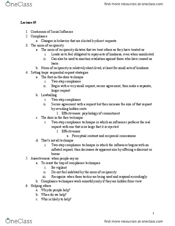 PSY 240 Lecture Notes - Lecture 5: Social Influence, Assertiveness, Prosocial Behavior thumbnail