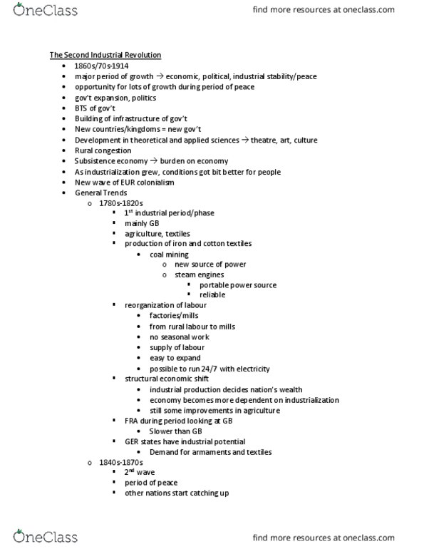 HIST 2360 Lecture Notes - Lecture 12: Second Industrial Revolution, Subsistence Economy, Natural Selection thumbnail