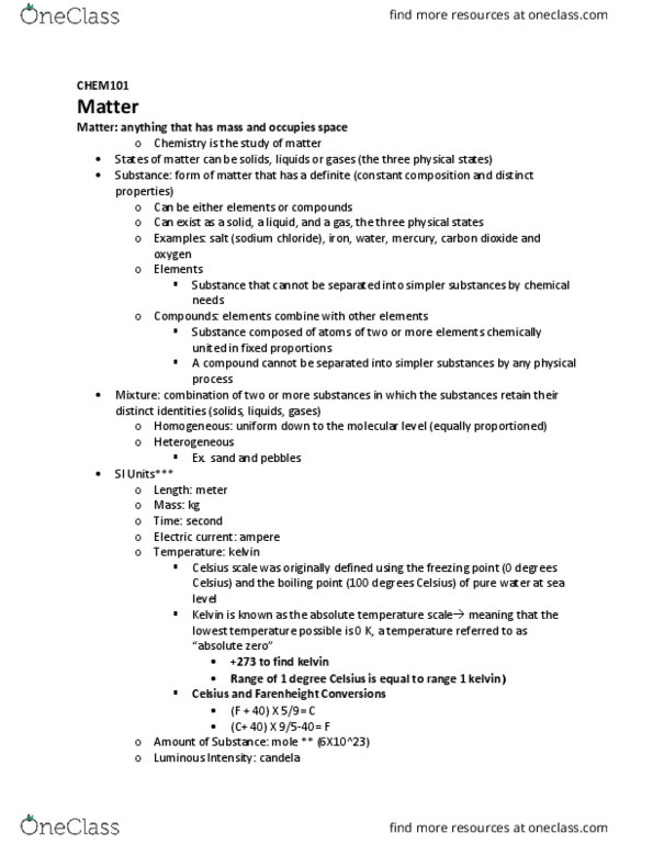 CHEM101 Lecture Notes - Lecture 1: Celsius, International System Of Units, Boiling Point thumbnail