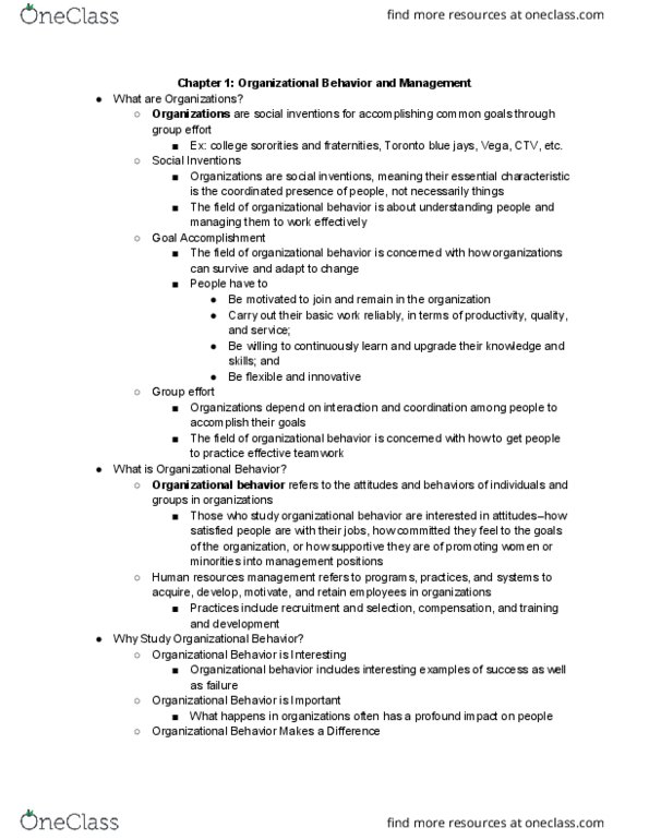 IRE260H1 Chapter Notes - Chapter 1: Organizational Behavior Management, Jeffrey Pfeffer, Human Resource Management thumbnail