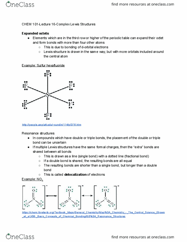 CHEM 101 Lecture Notes - Lecture 16: Sulfur Hexafluoride, Lewis Structure, Formal Charge thumbnail