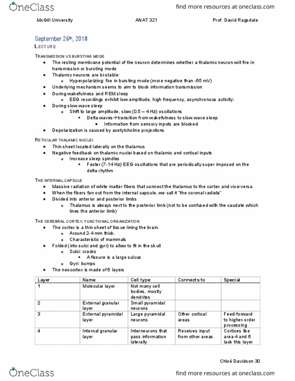 ANAT 321 Lecture Notes - Lecture 10: Slow-Wave Sleep, List Of Thalamic Nuclei, Pyramidal Cell thumbnail