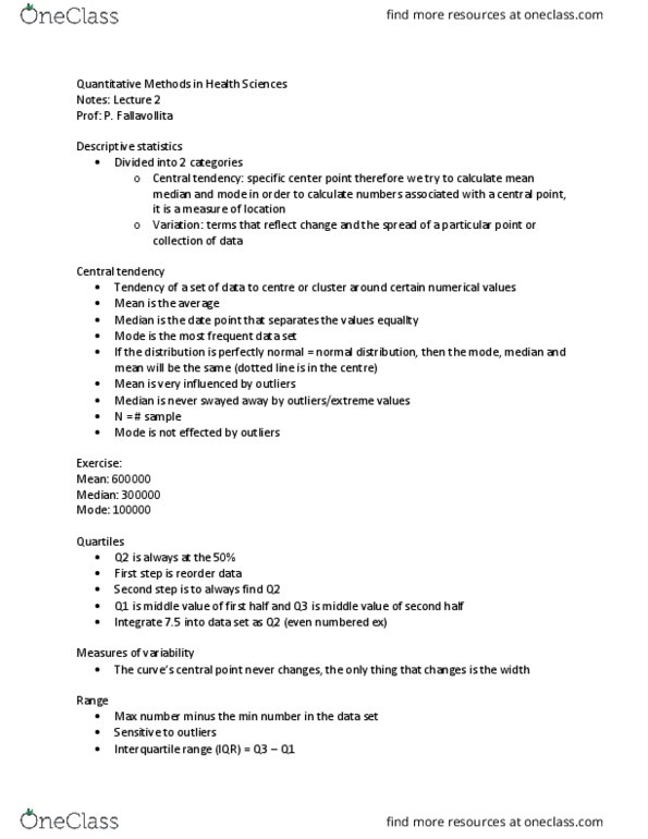 HSS 2381 Lecture Notes - Lecture 2: Interquartile Range, Quartile, Central Tendency thumbnail