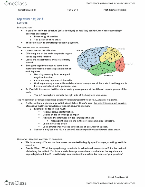 PSYC 311 Lecture Notes - Lecture 4: Brenda Milner, Frontal Lobe, Experimental Psychology thumbnail