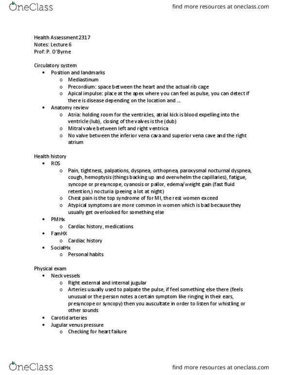 NSG 2317 Lecture Notes - Lecture 6: Paroxysmal Nocturnal Dyspnoea, Mitral Valve, Presyncope thumbnail