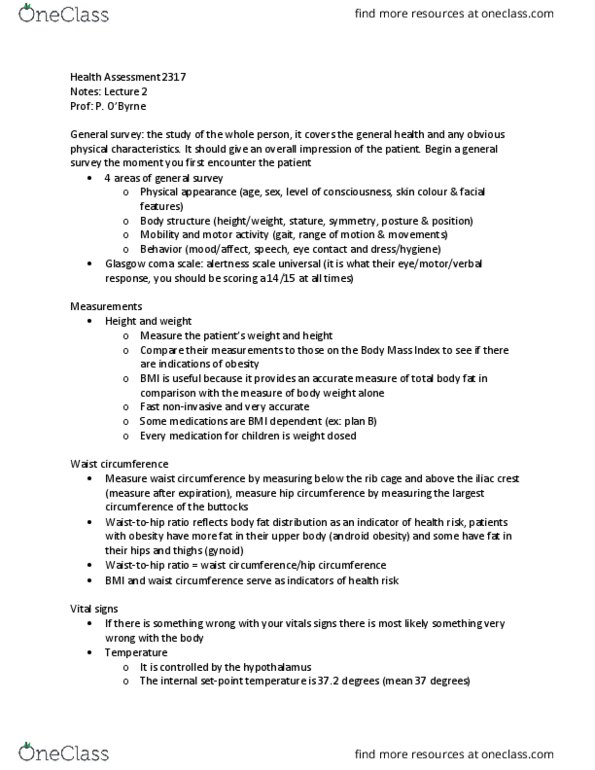 NSG 2317 Lecture Notes - Lecture 2: Glasgow Coma Scale, Iliac Crest, Pulse Pressure thumbnail