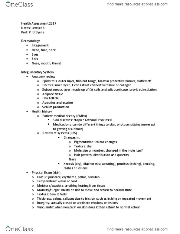 NSG 2317 Lecture Notes - Lecture 4: Keloid, Papule, Trigeminal Nerve thumbnail