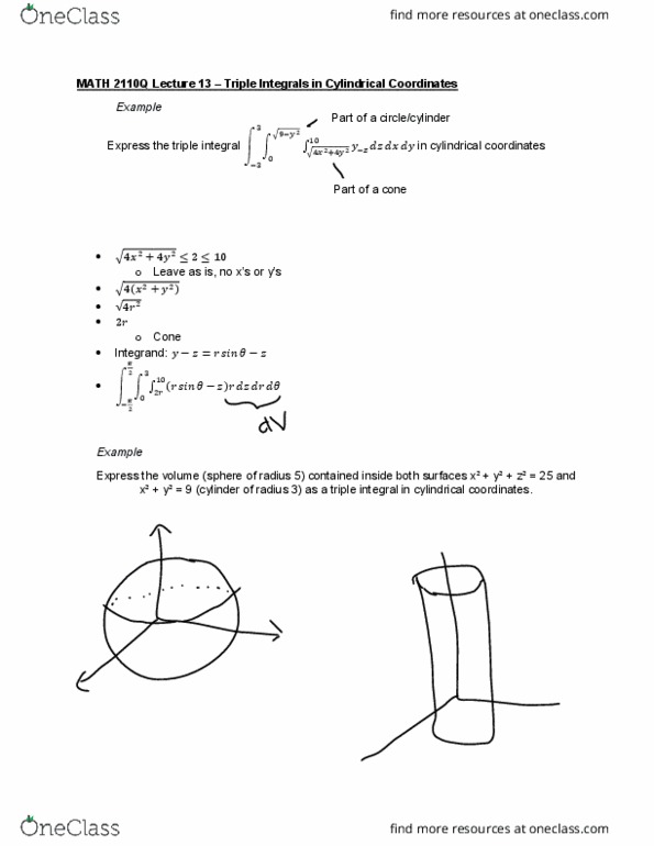 MATH 2110Q Lecture Notes - Lecture 13: Cylindrical Coordinate System cover image