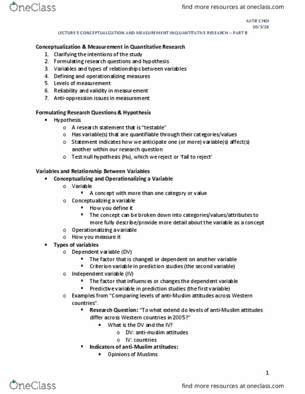 SWP 538 Lecture Notes - Lecture 5: Confounding, Null Hypothesis, Content Validity thumbnail