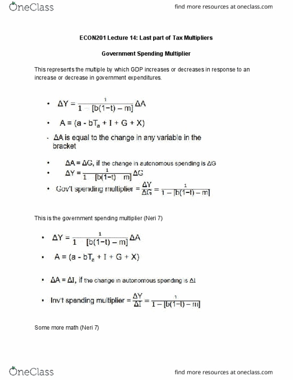 ECON 201 Lecture Notes - Lecture 14: Fiscal Multiplier cover image