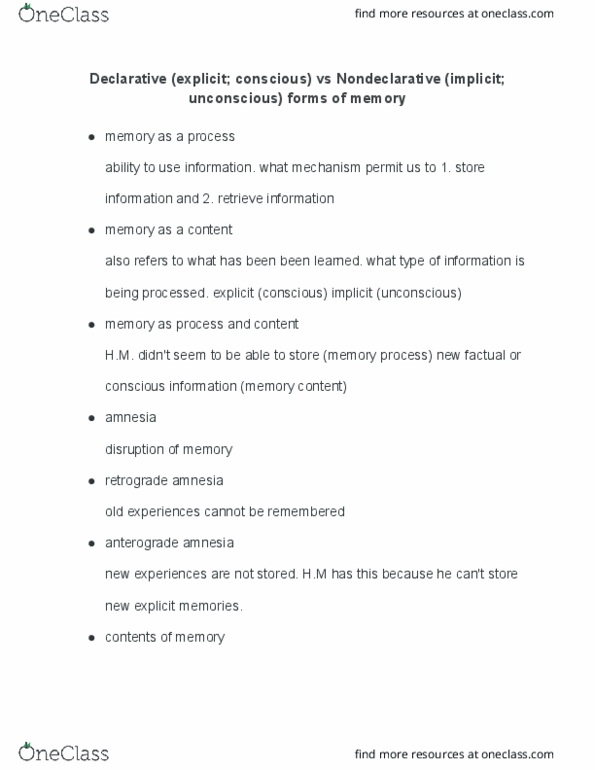 PSY 1012 Lecture Notes - Lecture 3: Anterograde Amnesia, Retrograde Amnesia, Implicit Memory thumbnail