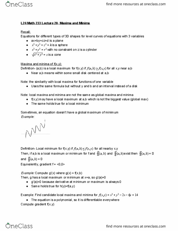 L24 Math 233 Lecture Notes - Lecture 20: Maxima And Minima, Nissan L Engine, Determinant cover image