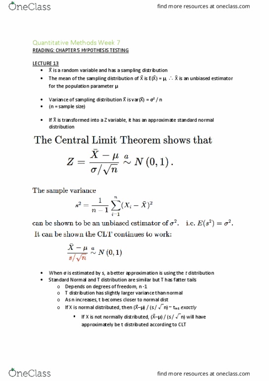 ECON10005 Lecture Notes - Lecture 7: Normal Distribution, Sampling Distribution, Statistical Parameter thumbnail