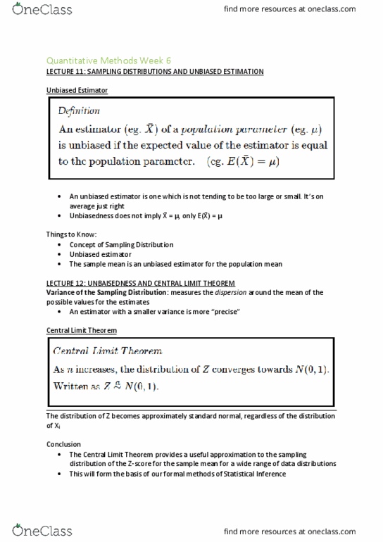 ECON10005 Lecture Notes - Lecture 6: Central Limit Theorem, Bias Of An Estimator, Sampling Distribution thumbnail
